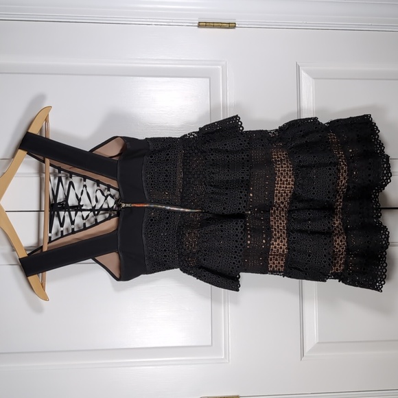 Self-Portrait Black Lace-Up Tiered Mini Dress - Picture 6 of 6